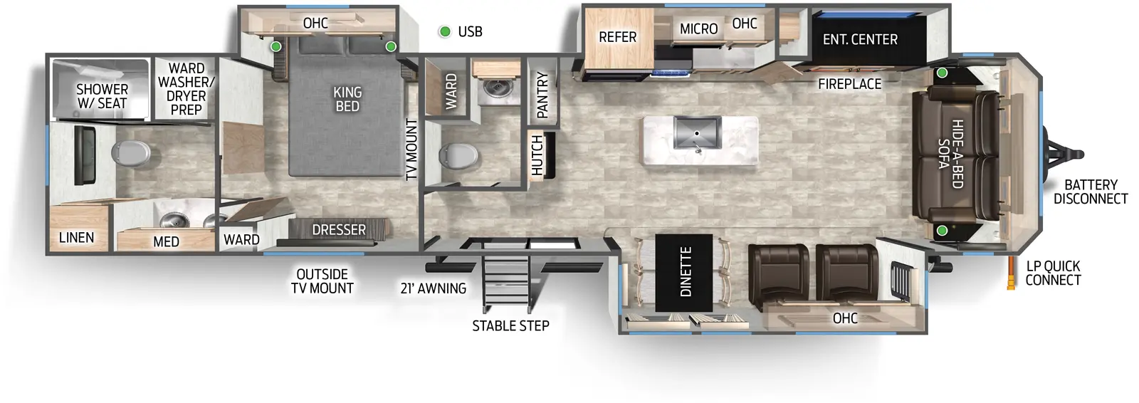 The Timberwolf 39NA floorplan has one entry and three slide outs. Exterior features include: metal exterior and 21' awning. Interiors features include: kitchen island, free-standing dinette option, front living, rear bathroom and bathroom and a half.